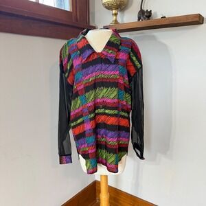 Vintage Marnier West Retro Colorful Abstract Mesh Sleeve Button Down Shirt M 80s